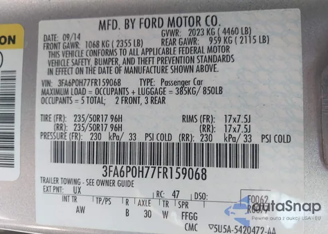 2015 Ford Fusion Se из США, поврежденный, VIN 3FA6P0H77FR159068
